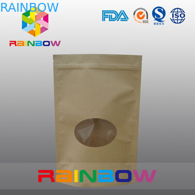 둥근 창을 가진 고추 식사를 위한 크기 평야 브라운 지퍼 정상 Kraft 주문을 받아서 만들어진 종이 봉지