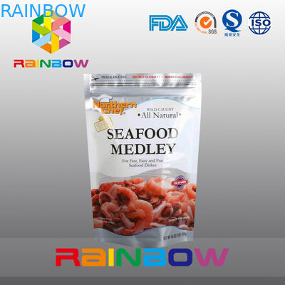 주문을 받아서 만들어진 인쇄는 언 해산물을 위해 포장하는 지퍼 포일 주머니를 위로 서 있습니다