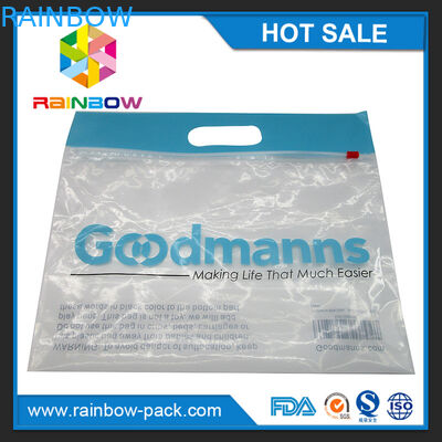 로고를 가진 PE 슬라이더 지플락 부대는 부대 upc 부호에 의하여 인쇄된 지플락 부대 공간 정면을 가진 명확한 정면 zip 자물쇠 부대를 위로 서 있습니다