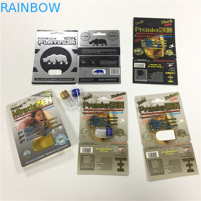 코뿔소 8/11/25 전시 물집 카드 패킹 남성 증진 성과 알약 3d는 콘테이너를 비웁니다