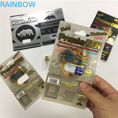 코뿔소 8/11/25 전시 물집 카드 패킹 남성 증진 성과 알약 3d는 콘테이너를 비웁니다