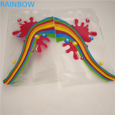 튼튼한 명확한 주스 우유 바닥 삼각천 부대는 손잡이를 가진 포일 주머니를 위로 서 있습니다