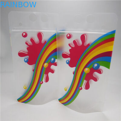 튼튼한 명확한 주스 우유 바닥 삼각천 부대는 손잡이를 가진 포일 주머니를 위로 서 있습니다