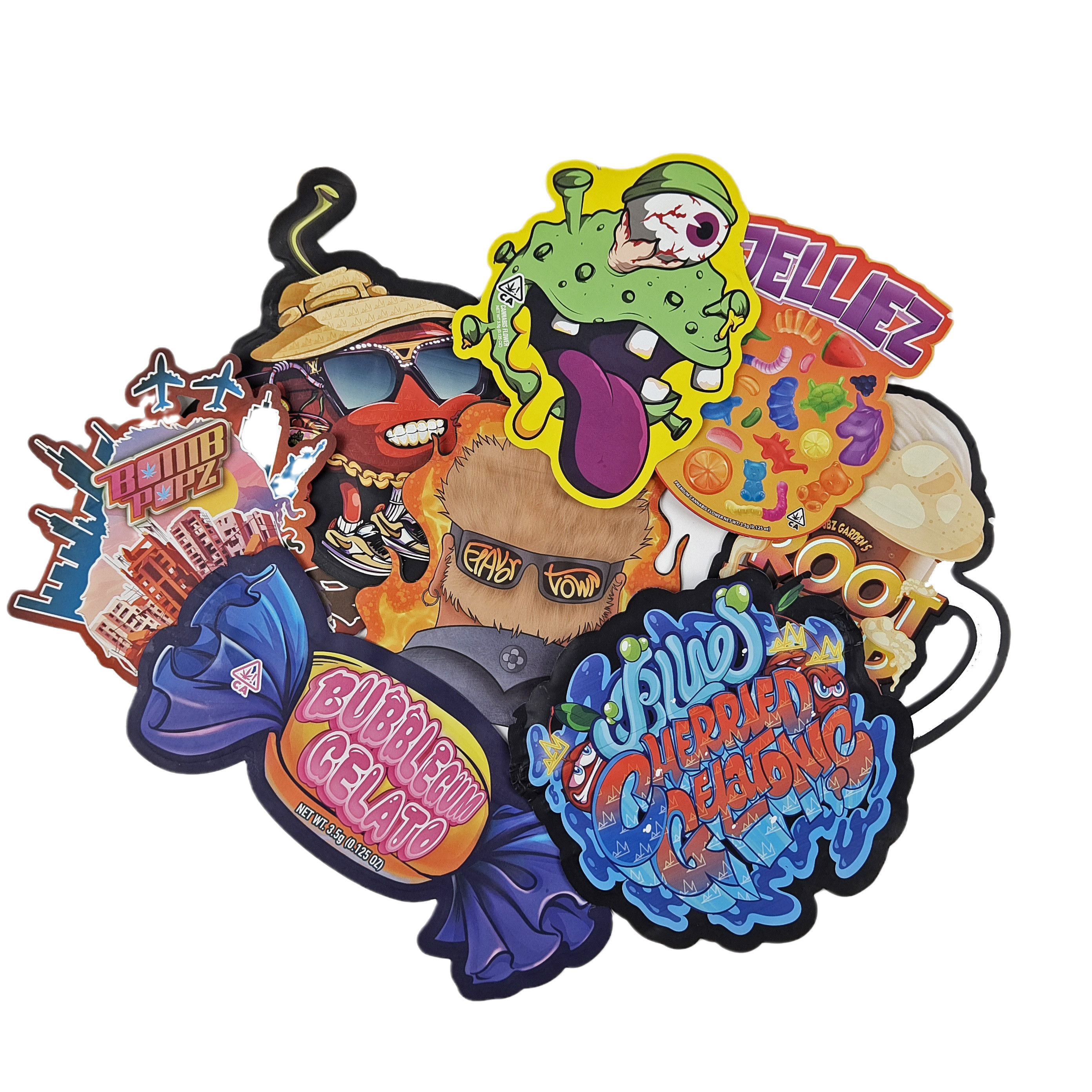 사용자 지정 디자인 3.5g 7g 14g 28g 다이 컷 가방 지플락 특수 모양 아동 보호 맞춤형 모양 Mylar 스낵 백 포장