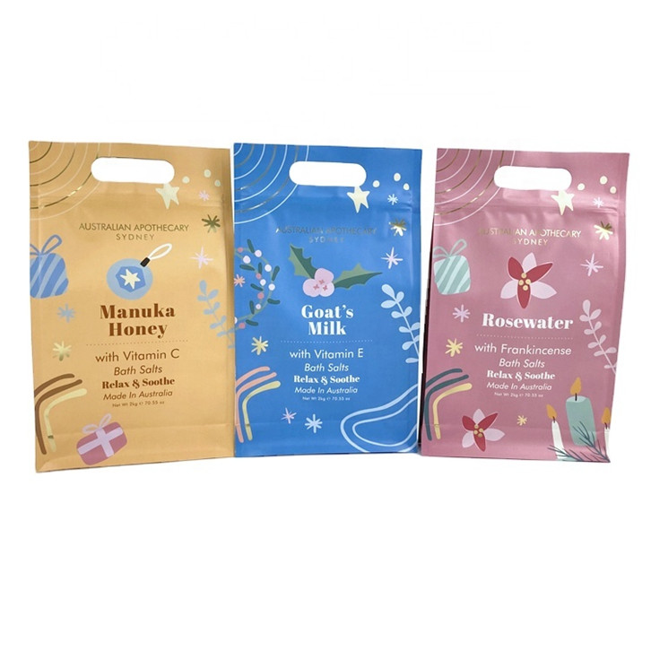 맞춤형 디지털 인쇄 개인 레이블 스파 선물 천연 에프섬 소금 목욕 소금 포장 가방 250g 신체 스크럽을위한 마이러 가방