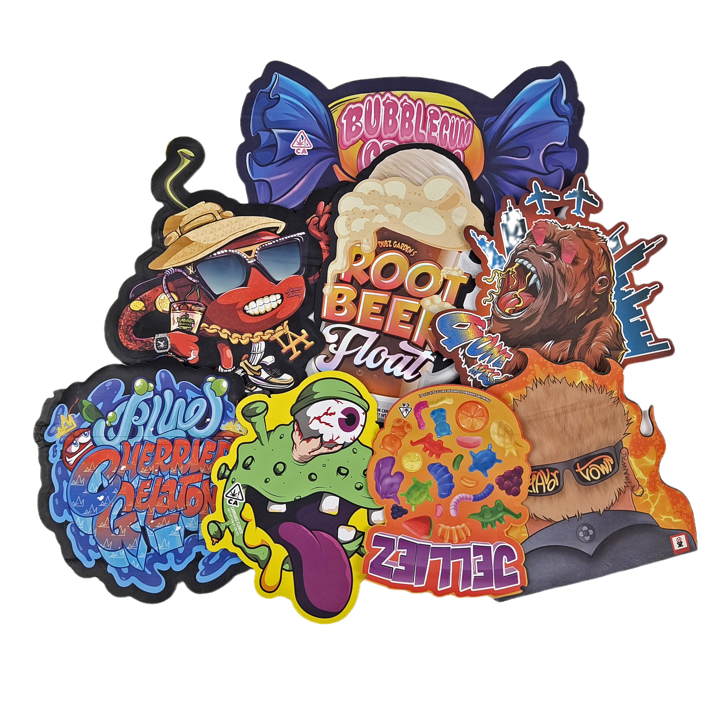 3.5g 7g 14g 특수 모양 플라스틱 포장 가방 홀로그램 냄새 방지 플라스틱 다이 커트 사용자 지정 간식 쿠키 간식 가방