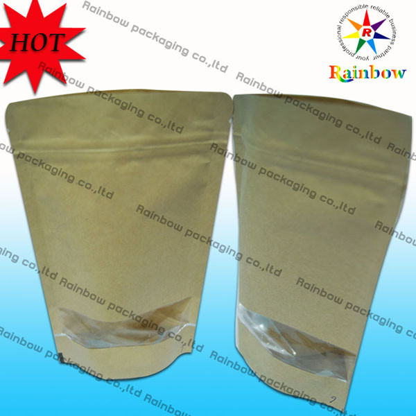 식사 포장을 위한 창을 가진 브라운 지플락 Kraft에 의하여 주문을 받아서 만들어진 종이 봉지를 위로 서 있으십시오