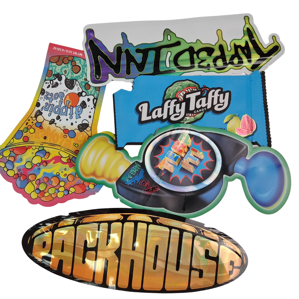 다시 닫을 수 있는 지퍼 홀로그램 모양 다이 커트 마이러 가방 알루미늄 필름 열 봉인 다이 커트 불규칙 봉지 버섯 고기