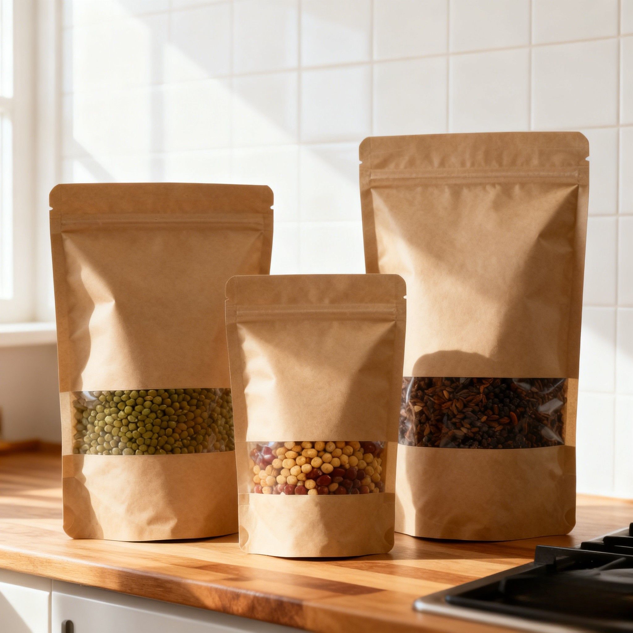 맞춤형 생분해성 방습 스탠드업 파우치 크라프트 종이 봉투 (식품 포장용)