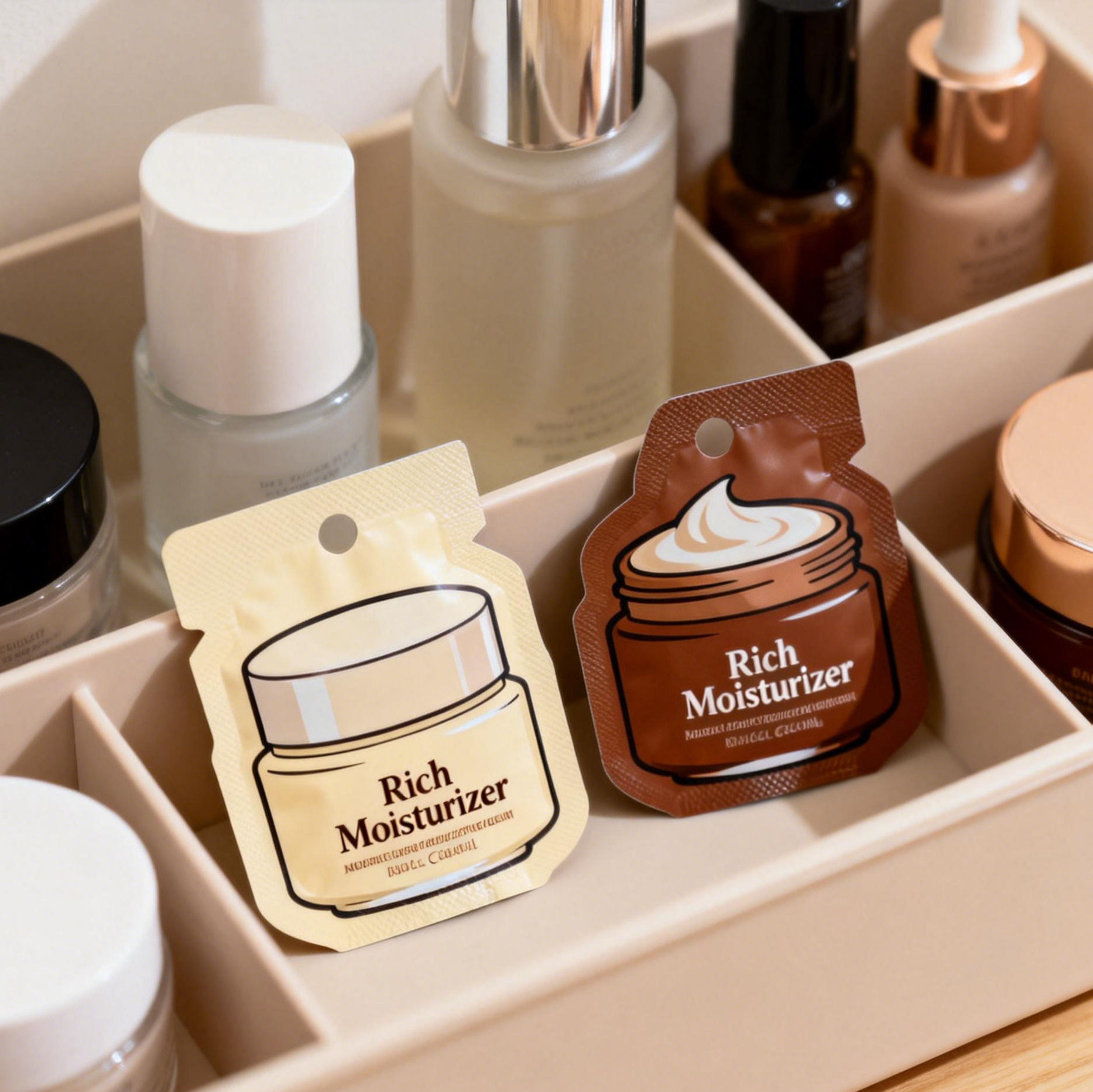 맞춤형 스킨케어 로션 크림 포장 플라스틱 소형 화장품 샘플 파우치 마일라 호일 백 열 밀봉 백 사셰트 소형 미니 파우치