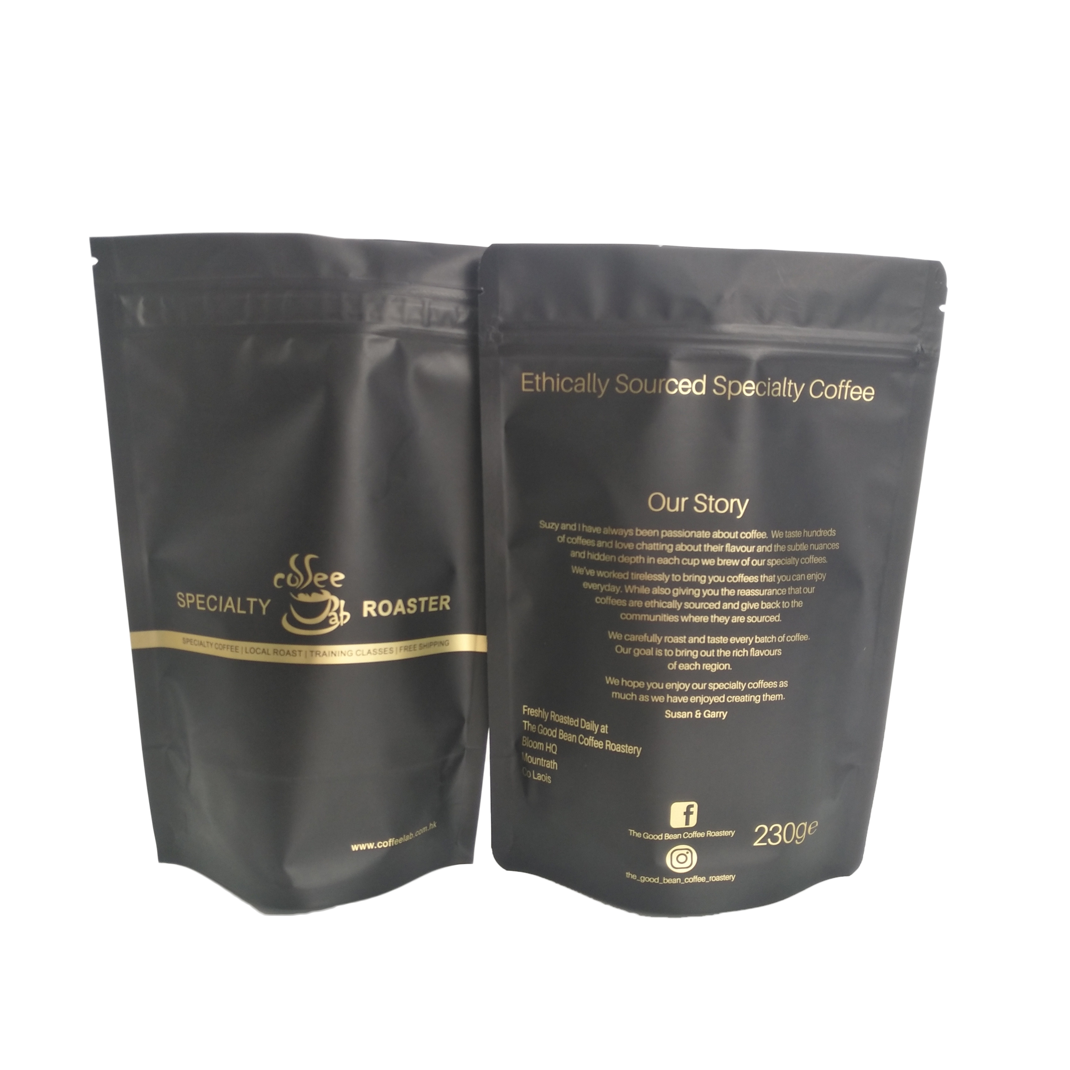 Matte Black Finish Foil Stand Up Zipper Packaging Bag Coffee Bag With Gold Strips